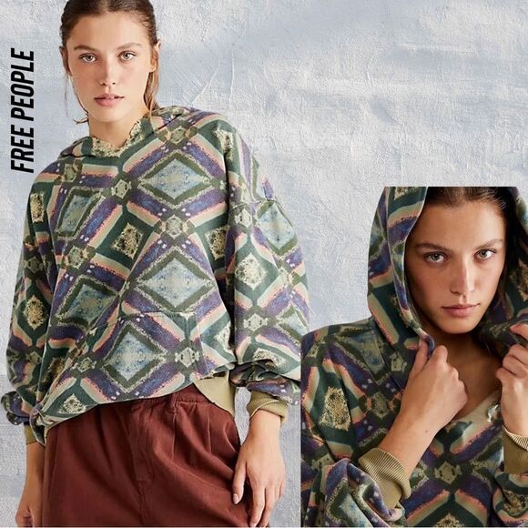 FREE PEOPLE ITS A VIBE PRINTED HOODIE IN COOL COMBO NWT MEDIUM - Picture 1 of 8
